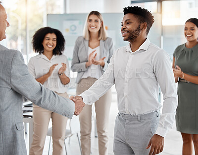 Buy stock photo Handshake, promotion and applause with a business man shaking hands with his manager, leader or boss during a meeting in the office. Thank you, partnership and teamwork with a CEO and male employee