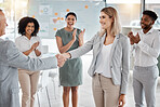 Handshake, partnership and congratulations after hiring new employee or leadership promotion with applause. Welcome, thank you or b2b agreement of corporate staff shaking hands for support and trust

