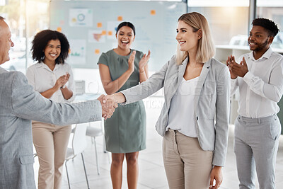 Buy stock photo Handshake, partnership and congratulations after hiring new employee or leadership promotion with applause. Welcome, thank you or b2b agreement of corporate staff shaking hands for support and trust
