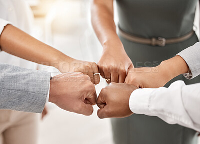Buy stock photo Diversity, business team and fist bump in office with support, team building and employee teamwork. About us, partnership and hands in circle with trust, mission and goals at work. 