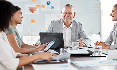 Buy stock photo Finance business people planning in meeting, talking about corporate accounting partnership and smile for financial success at company. Manager, boss and leader in workshop with team at agency