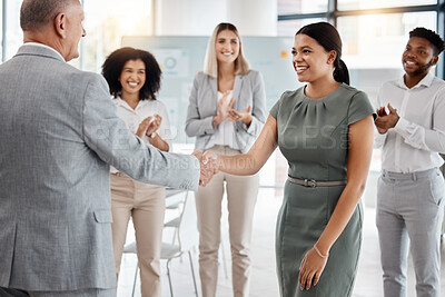 Buy stock photo Happy handshake, by man and woman in office, for promotion in business, team gives applause. Meeting with diversity in people celebrate worker's progress to new role in corporate marketing job.