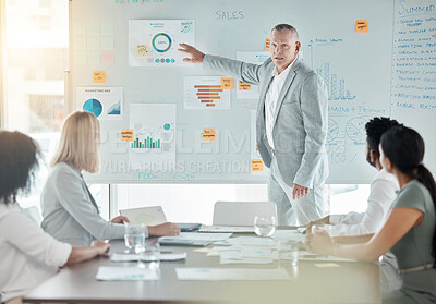 Buy stock photo Whiteboard presentation, team manager and marketing success strategy. Social media analytics, advertising agency and company training workshop. Leader teaching kpi, business and startup sales data