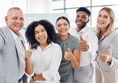 Buy stock photo Happy business people or team with thumbs up at office for success, diversity and solidarity at company office. Global or international startup group, corporate staff or management in unity and trust