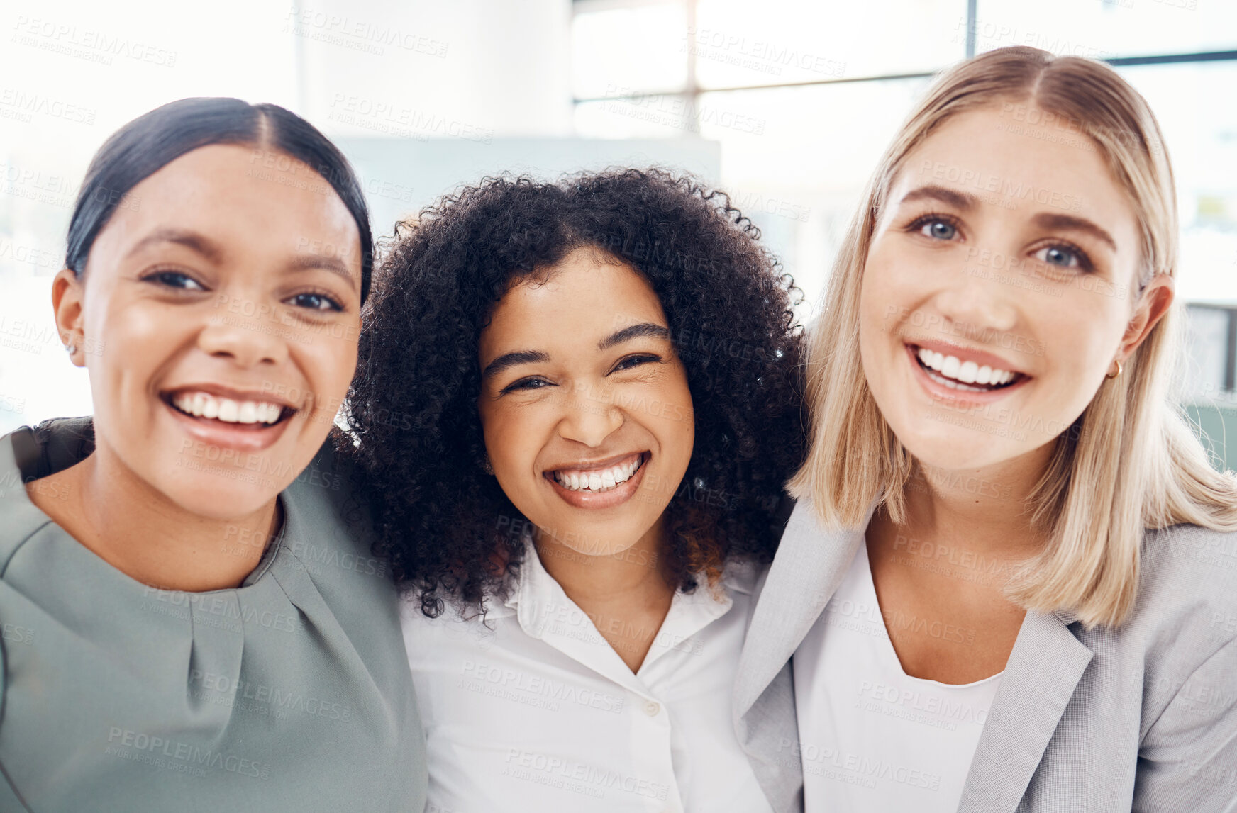 Buy stock photo Selfie with happy work friends in the office, working together as a team of business people and professional colleagues. Portrait of a women employee corporate group with a goal and mission of growth