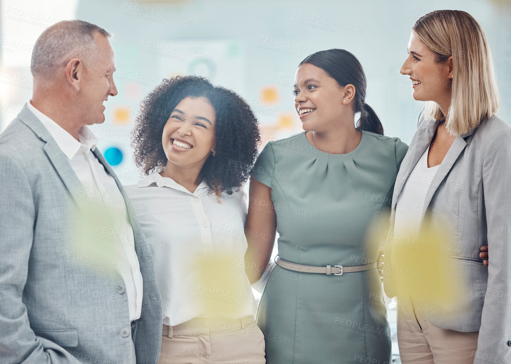 Buy stock photo Teamwork, collaboration and diversity with a team of business people in an office together with a smile. Synergy, unity and solidarity with a group working in the boardroom on planning and strategy