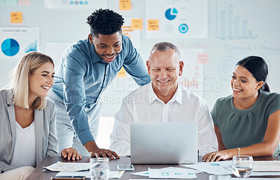 Buy stock photo Digital marketing, seo and collaboration business meeting to review team sales, goals and analytics results together. Ceo, leadership and global management company working on an advertising strategy 