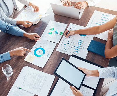 Buy stock photo Business table, analytics documents and meeting in boardroom for corporate office collaboration. Professional data, report and management of project together with teamwork in conference.