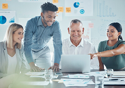 Buy stock photo Vision, goals and business people reading laptop, happy and excited about email or feedback in an office. Corporate employee team discussing design and creative idea, sharing strategy and planning