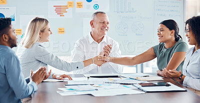 Buy stock photo Handshake in meeting for business deal, welcome employee and support in corporate partnership while manager gives applause in celebration. Workers and collaboration team with motivation and thank you