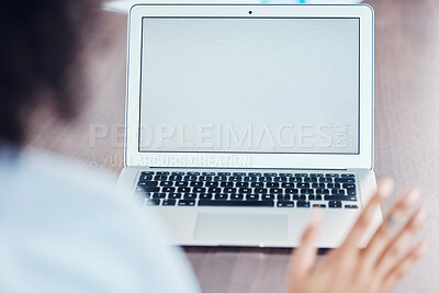 Buy stock photo Laptop mockup, blank screen and with copy space for marketing and promotion on a desk with woman waving for zoom video call conference. Computer display showing  advertisement, brand logo or web page