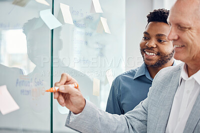 Buy stock photo Business team strategy, collaboration and post it note planning of workers working on a job strategy. Corporate teamwork together writing notes on a clear office wall thinking about staff project