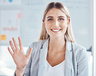 Buy stock photo Hello portrait of a business woman in office for planning, brainstorming or project management with trust, motivation and goal mindset. Smile, waving and friendly corporate worker in video call POV