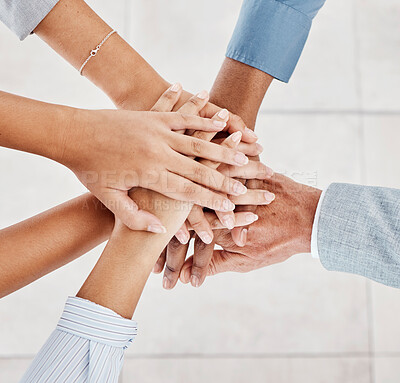 Buy stock photo Teamwork hands, collaboration and motivation of business people, trust and growth mission with vision, partnership and support. Above group celebrate commitment, winning goals and corporate diversity