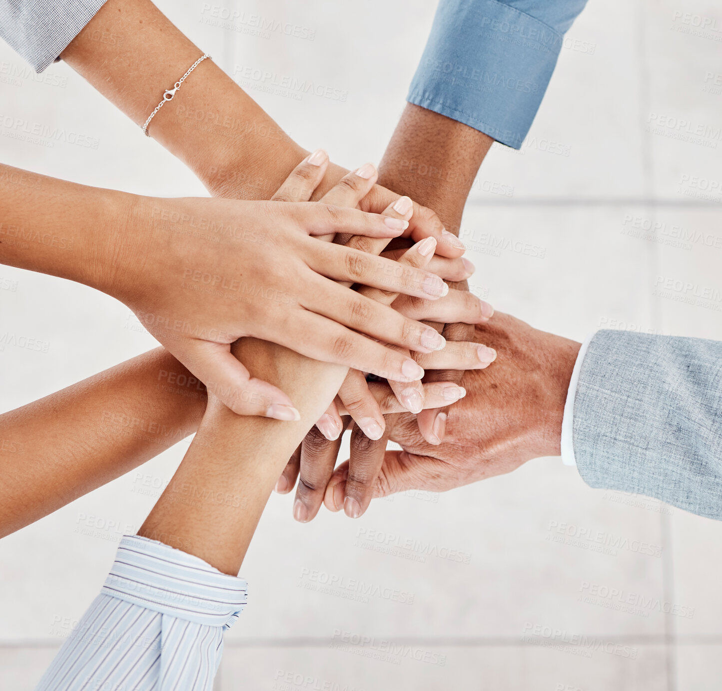 Buy stock photo Teamwork hands, collaboration and motivation of business people, trust and growth mission with vision, partnership and support. Above group celebrate commitment, winning goals and corporate diversity