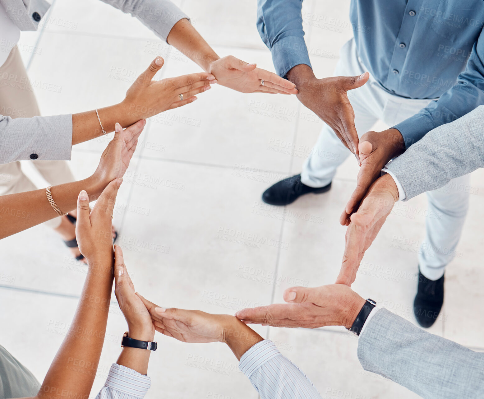 Buy stock photo Teamwork, hands and circle in solidarity of business people in unity, collaboration and trust together at work. Diversity of a group of employee hand united for agreement, help and team for community