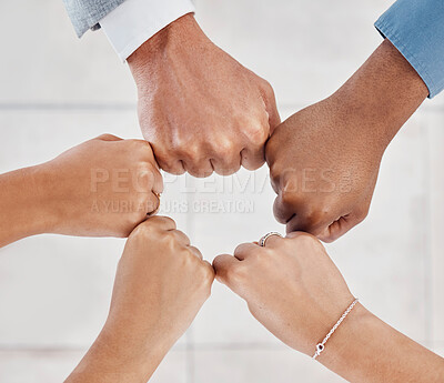Buy stock photo Hands of business people in circle for support in meeting, trust in team success and community in collaboration in working office. Business people, employees and workers in agreement with fist bump