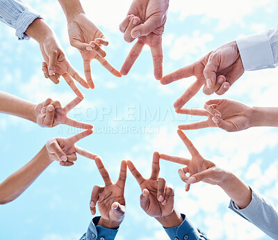 Buy stock photo Star sign with hands for teamwork, marketing collaboration support and peace for success in corporate partnership against blue sky in city. Business people working in trust and planning strategy