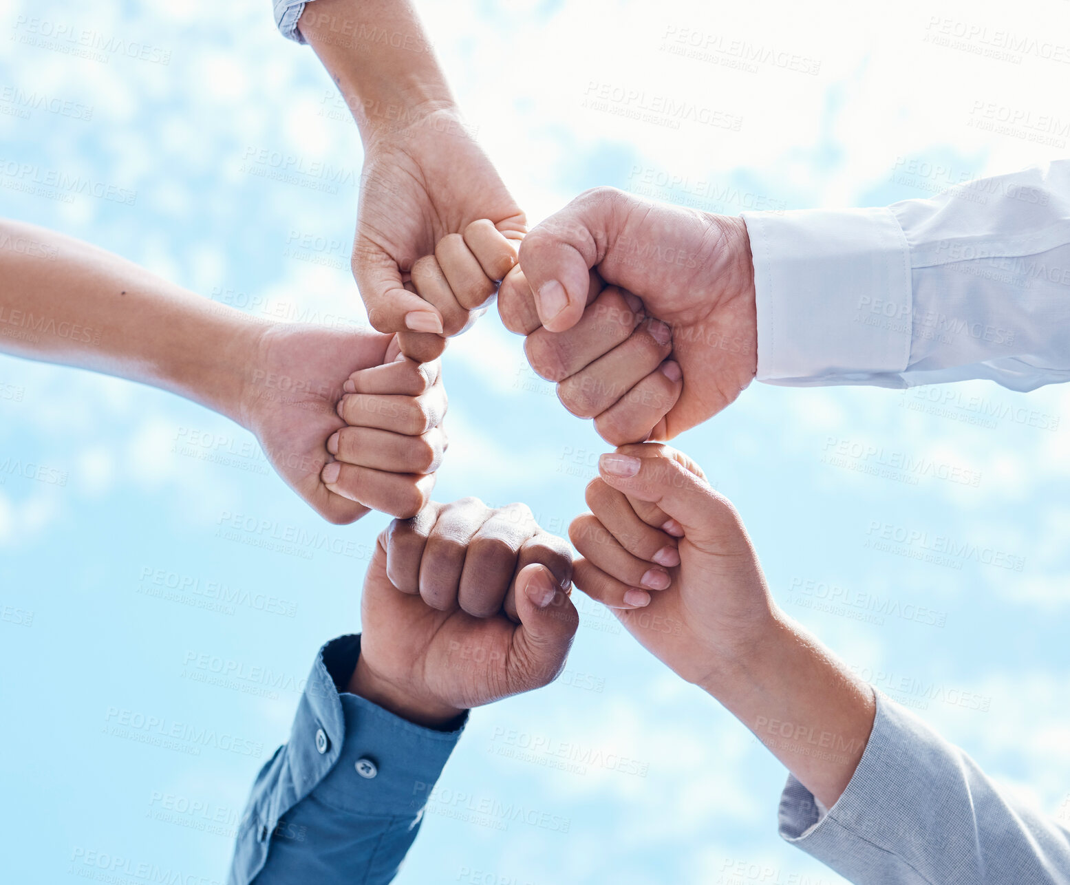 Buy stock photo Teamwork collaboration, diversity fist bump and mission success of business. Partnership support, community team building goal and people group together. Contact us, we are hiring and staff hands