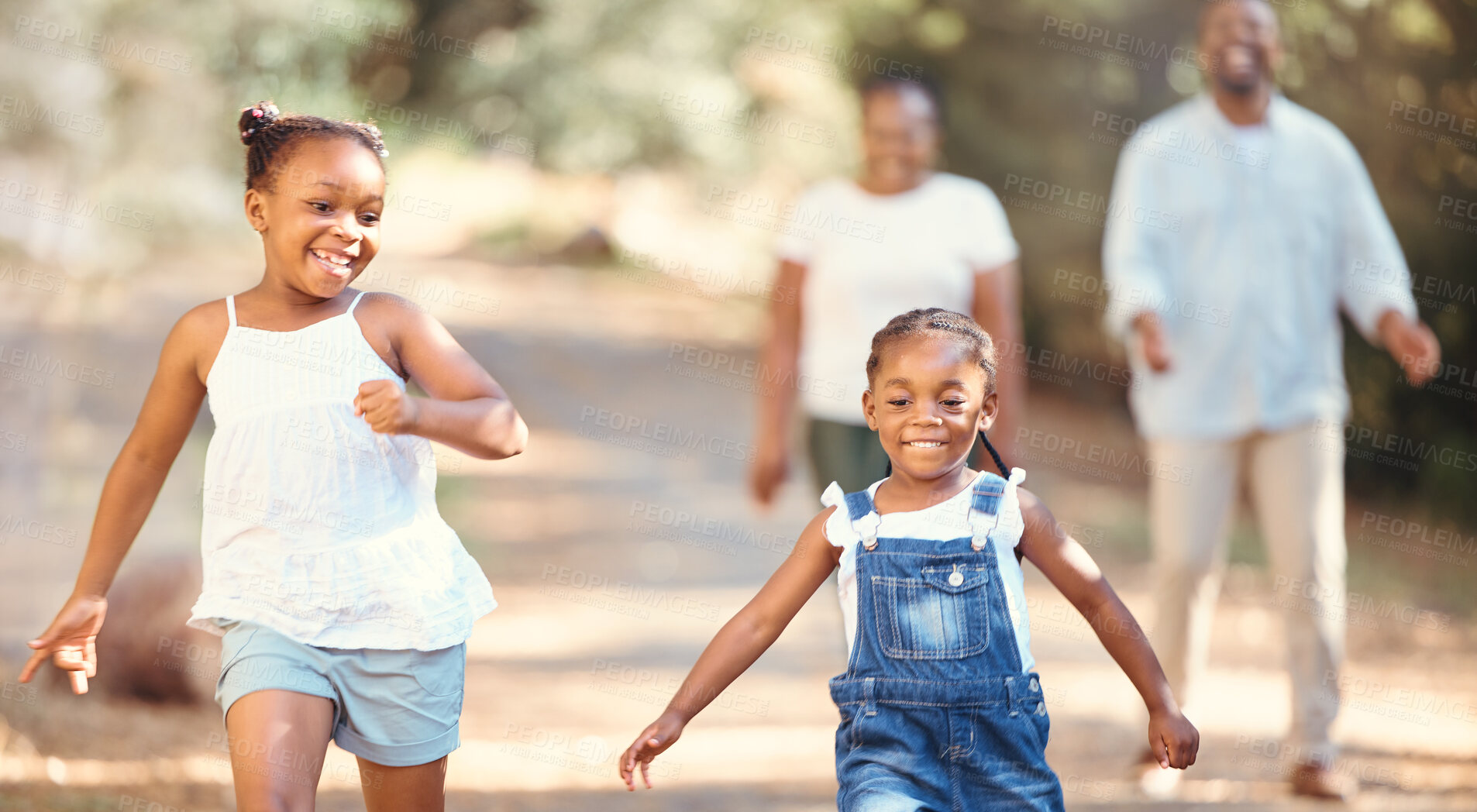 Buy stock photo Black family, love and fun children run with smile, play and outdoor adventure with mother and father outdoor. Happy black woman and man with family and kids running, travel and on vacation in nature