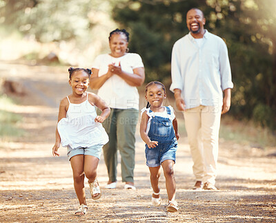 Buy stock photo Happy, black family and children running in nature park in summer as mom and dad cheer their young African kids on. Playing, lifestyle and active parents walking in a forest with their healthy girls 