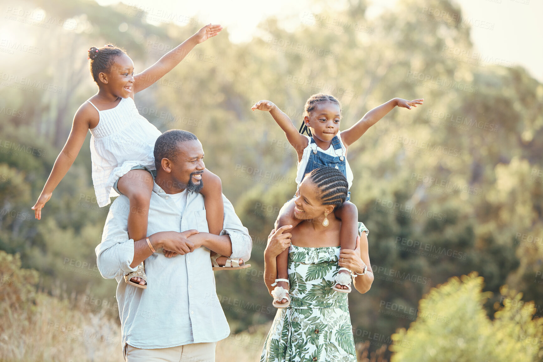 Buy stock photo Family nature walking park, children and parents happy on walk in garden, communication with smile in summer and comic kids support from mother and father. African man and woman together with girls 