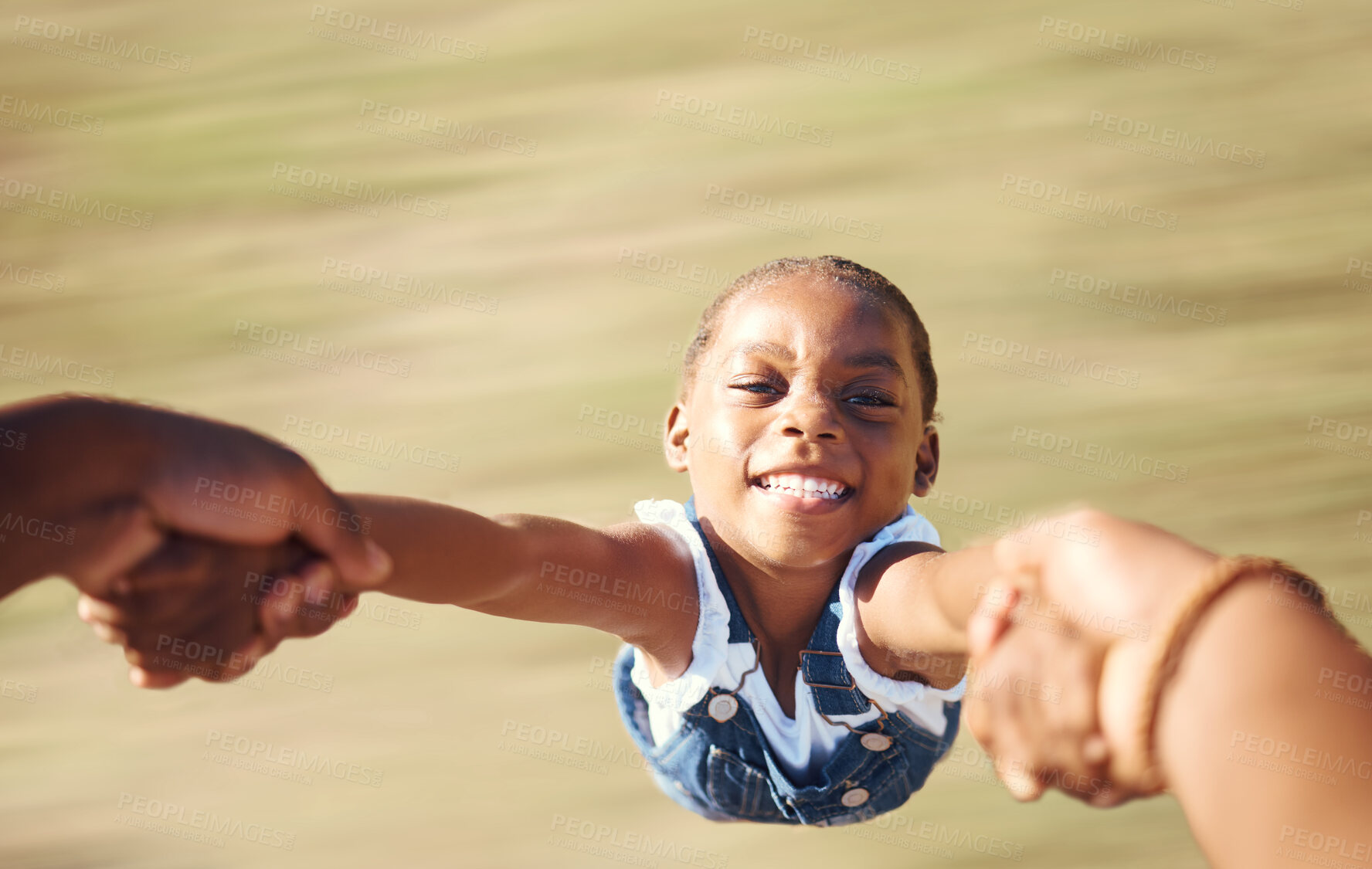 Buy stock photo Pov, mother spinning girl and holding hands at park, in nature or outdoors. Childhood, parenting and fun with point of view of African parent support, love and playing with daughter, child or kid.