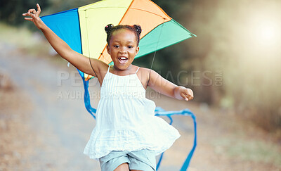Buy stock photo Nature, summer and girl with a kite running in a park with a smile. Weekend, happiness and a little black child having outdoor fun. Freedom, development and growth for happy young kid playing outside