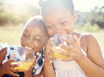 Buy stock photo Juice, kids and happy siblings on a picnic in joyful care and smiling in nature on holiday vacation. Black children in healthy living with smile together drinking vitamin C fruit in outdoor happiness