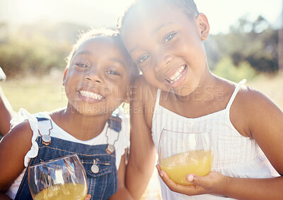Buy stock photo Juice, vitamin c and happy children on picnic in summer or portrait in green park, garden or outdoor holiday vacation. Youth, wellness and happy kids drinking healthy fruit drink lens flare and smile