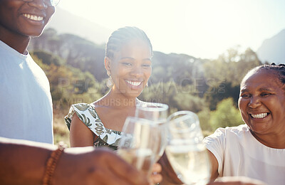 Buy stock photo Vineyard celebration, wine or champagne glasses with family at an outdoor social event, picnic or park celebrating love, success and joy. Happy lifestyle of black people and women cheers with drinks 