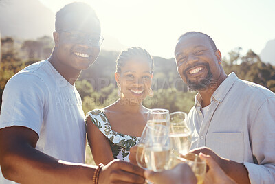 Buy stock photo Wine glasses, champagne and friends portrait in a park, vineyard or green nature celebration for summer vacation. Happy, friendship and alcohol with black people and woman smile, drink and lens flare