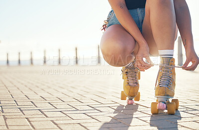 Buy stock photo Roller skates and feet of a gen z teenager on summer holiday in city with sunshine mockup. Cool, trendy person or girl having fun with rollerblade or quad skating learning activity in town promenade