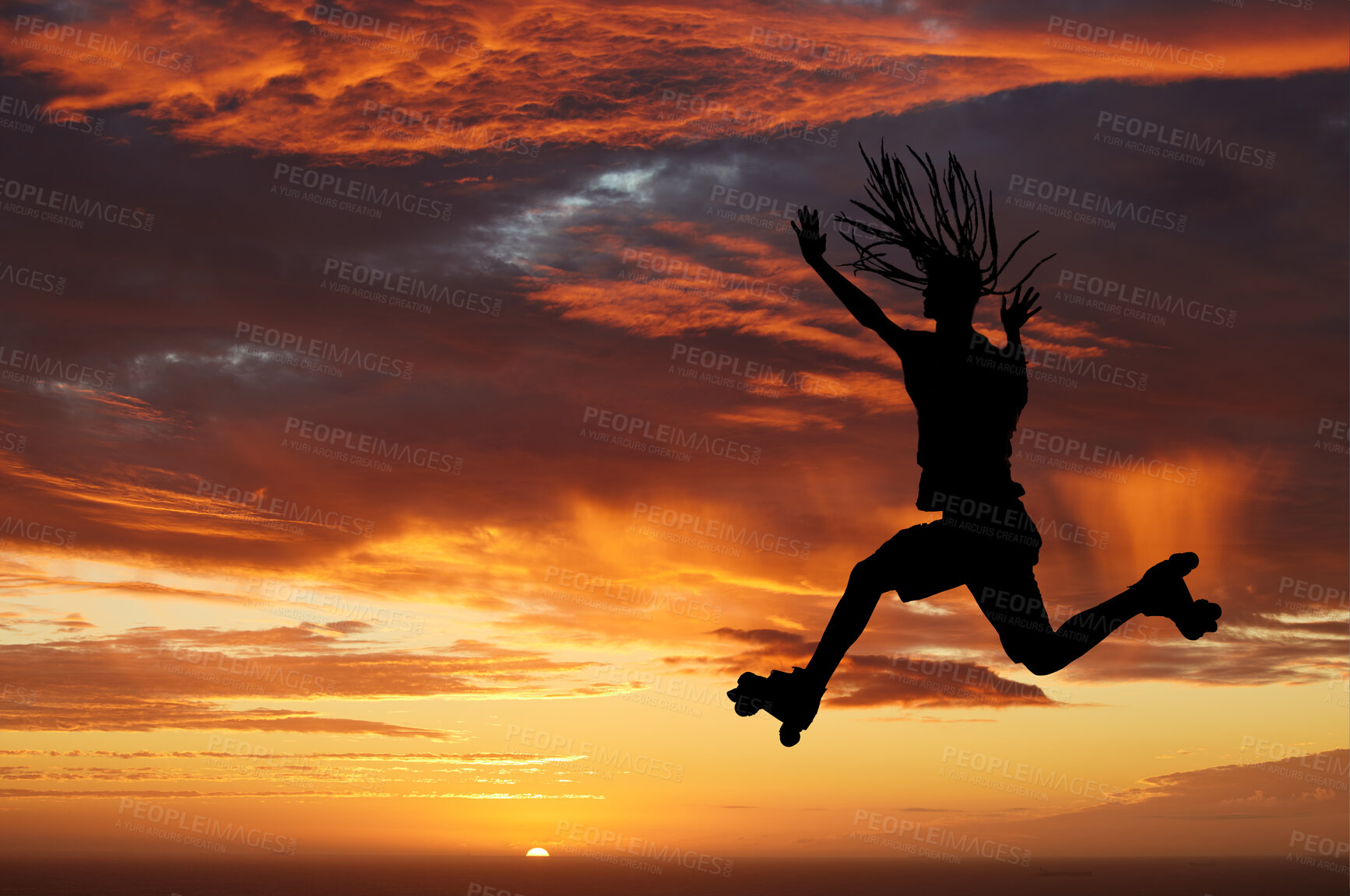 Buy stock photo Sunset sky, silhouette and roller skates woman jumping against an orange horizon while enjoying freedom, travel and fun while skating. Energy, scenery and beauty of nature while out on an adventure
