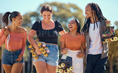 Buy stock photo Young friends smile, to go skate in summer sunshine and have fun together as group, at outdoor sport park or rink. Diversity under the sun, happy people with roller skates laughing at joke.