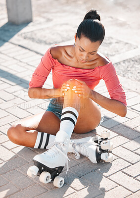 Buy stock photo Roller skate and sports knee injury for girl hurt on the floor after travel, ride and skate on sidewalk. Emergency, accident and training woman learning to roller blade hurt on the ground after fall