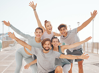 Buy stock photo Portrait of happy outdoor fitness friends, community or team with fun excited energy relax after exercise, sports or training. Winner, team building and people celebrate after cardio marathon running