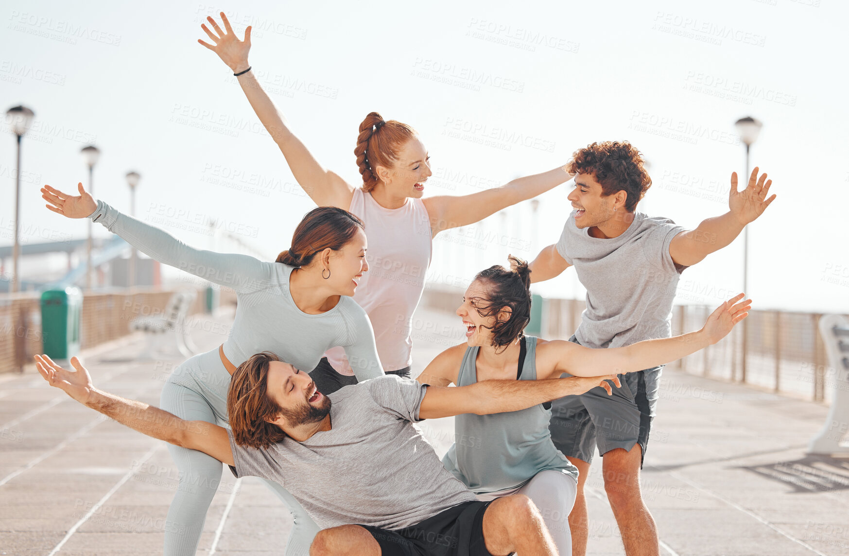 Buy stock photo Friends, happy and excited hands outdoors while on exercise break together in gym clothes. Young social circle have goofy, silly and cheerful fun to celebrate their youth on the weekend.