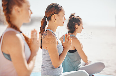 Buy stock photo Women doing meditation class for wellness on beach, spiritual training exercise for calm and motivation for healthy lifestyle at the ocean in nature. Yoga group on summer travel holiday in Mexico