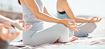 Women meditation in lotus with zen yoga class at the beach. Group of wellness female together on mat, leg crossed, finding inner mental balance and peace. Practice calming breathing exercise