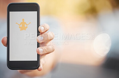 Buy stock photo Hand with phone on yoga online app and screen with mockup outdoor. Exercise, meditation and workout application or software available for download on 5g mobile smartphone for health and wellness