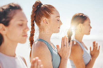 Buy stock photo Yoga, meditation and prayer hands with spiritual friends training for zen, fitness and wellness. Peace, motivation and community with young women and pilates, worship and energy exercise   

