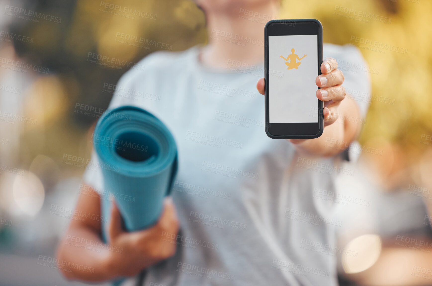 Buy stock photo Smartphone, yoga and software mock up app, advertising or marketing with outdoor green park bokeh. Health fitness woman mat and hand with 5g cellphone mobile, download or website and mediation logo