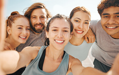 Buy stock photo Exercise friends, selfie and social fitness and wellness event outside with health lifestyle team. Summer workout, young adults and outdoor sports club photo with active people together.