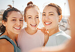 Health, exercise and friends taking a selfie after a workout or yoga training session outdoors. Portrait of smiling female enjoying fresh air and fitness, excited and bonding with fitness health club
