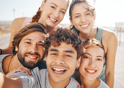 Buy stock photo Selfie, fitness and group of friends happy and excited to start a workout, exercise and training together as a team. Summer, smile and portrait of smiling men with woman living a healthy lifestyle