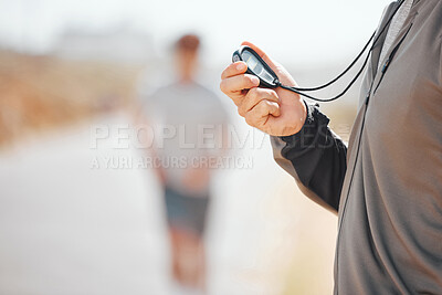 Buy stock photo Fitness, coach and stopwatch of hands, time and runner speed and performance for record over blurred background. Hand of trainer in motivation for breaking times holding digital chronometer in sports