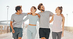 Fitness, exercise and friends or accountability partners together for wellness and health while walking together outside. Happy men and women on double date for run or training to stay fit and active