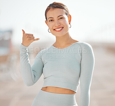 Buy stock photo Woman, portrait and Hawaii surfer hand or flirting call me sign while taking outdoor sports break. Happy, friendly and welcome gesture symbol from popular culture for a young person greeting.
