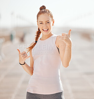 Buy stock photo Happy, fitness and woman in Hawaii surfer hand gesture for workout, sports and motivation in the outdoors. Portrait of a white female feeling great for healthy cardio, exercise and Shaka hand sign